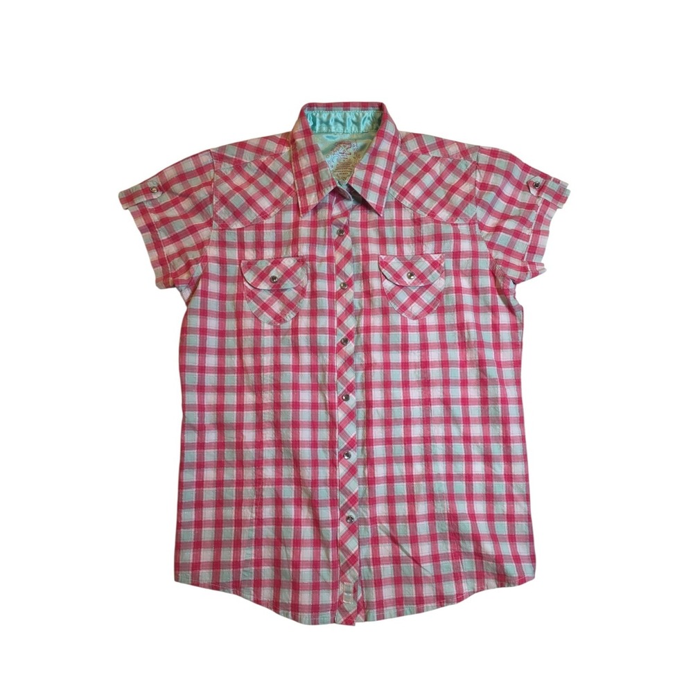 Twenty X Womens M Western Pearl Snap Shirt Pink Aqua Plaid Metallic Cowgirl